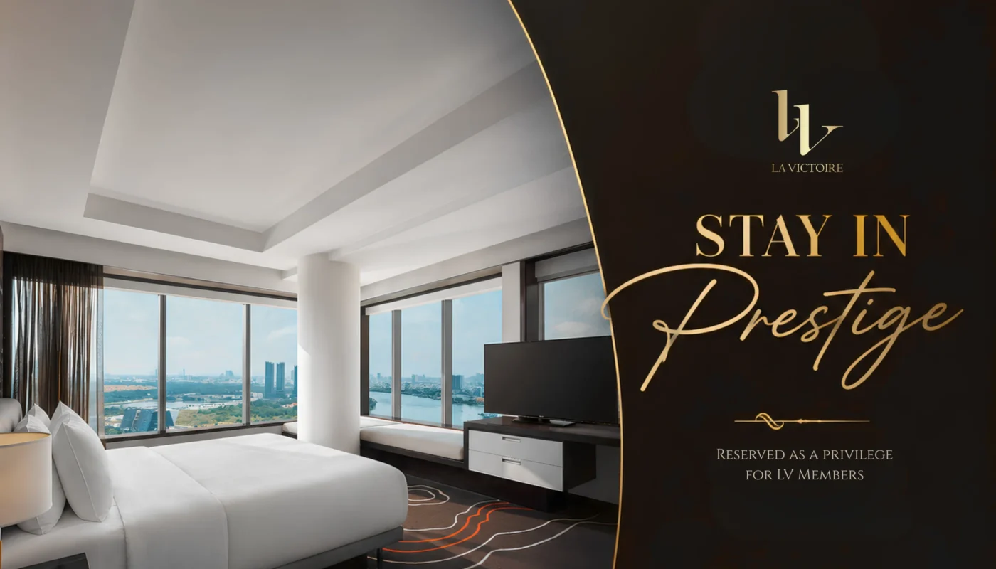 Hotel room with skyline view, Le Méridien partnership benefit for La Victoire Club members